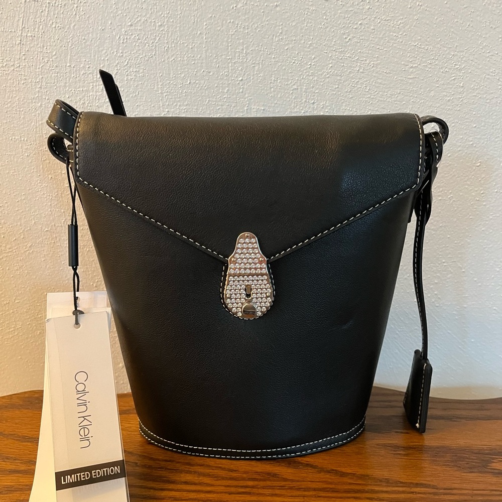 Calvin Klein Lock Leather Bucket Bag- Black